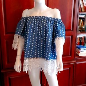 Polka dot denim lace shirt